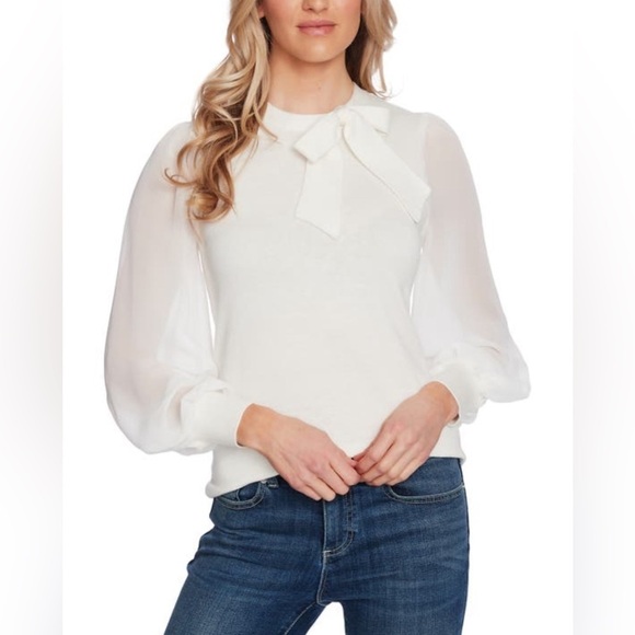 Cece Womens mixed media sweater antic white XXS tie neck essential minimalistic - Picture 1 of 10